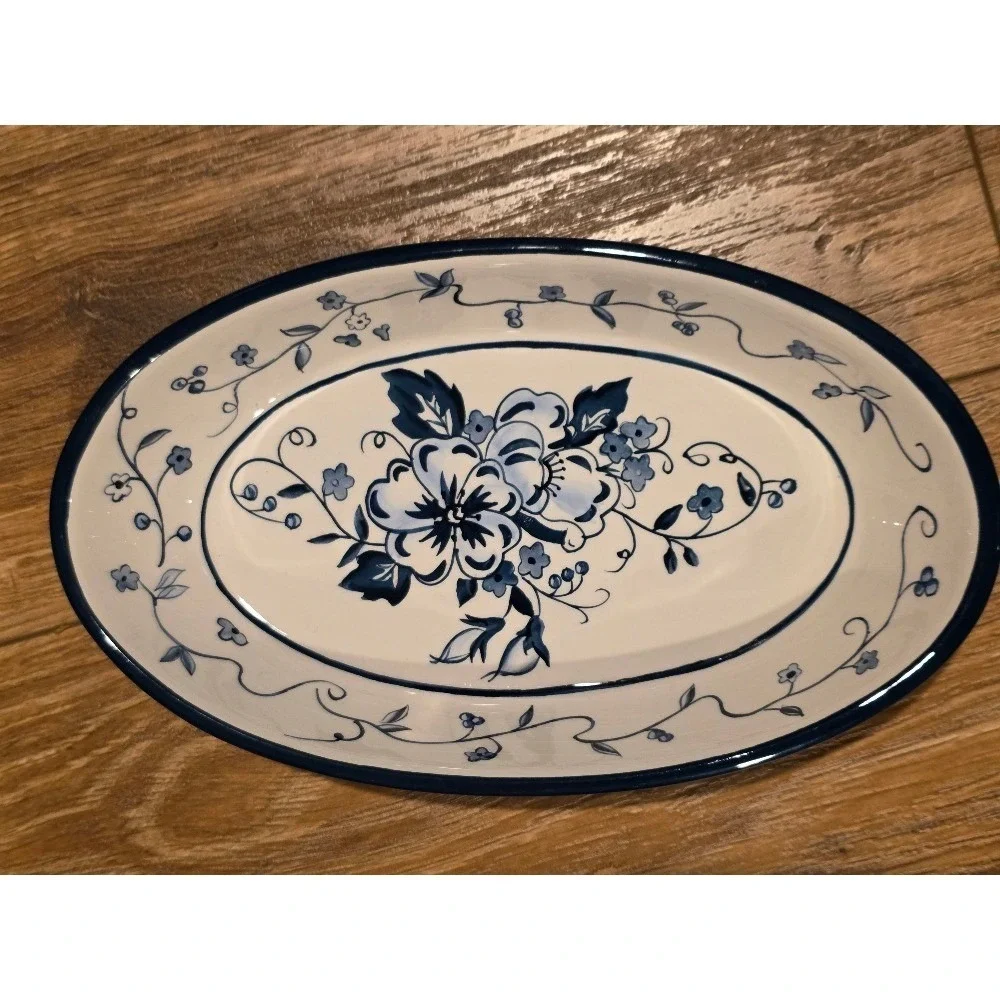 Lang Floral Blues Earthenware Oval Serving Dish Blue White - Picture 3 of 13